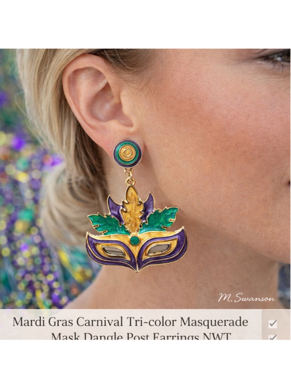 NEW Mardi Gras Carnivale Tri-color Masquerade Mask Dangle Post Earrings NWT